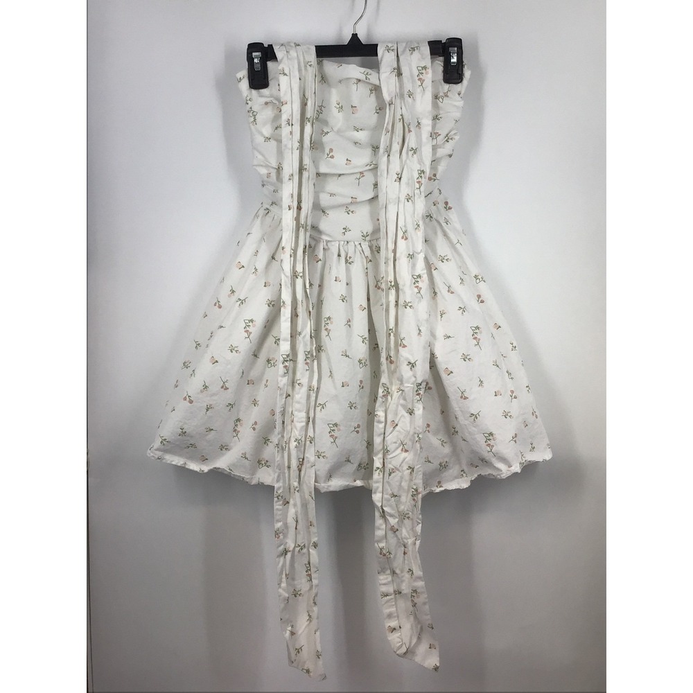 Strapless Ruched Fit & Flare Dress White Rosebud Floral Bow Sash Coquette S - Picture 4 of 10